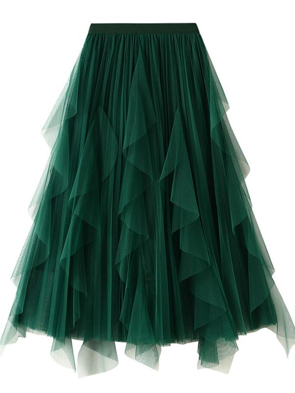 Women's Plain Draped Ruffle Pleated Tulle Vintage Skirt, Elegant Midi A-line Skirt for Party Dating Wear, Ladies Spring & Fall Bottoms