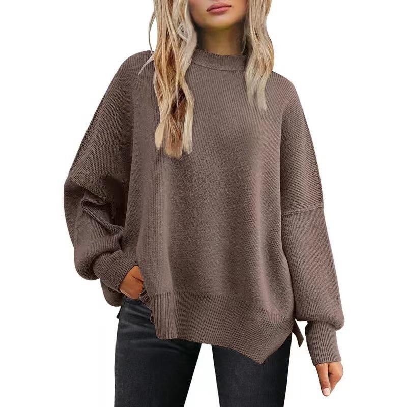 Women's round-Neck Batwing Long Sleeve Sweater Winter Knitting Side Slit Pullover