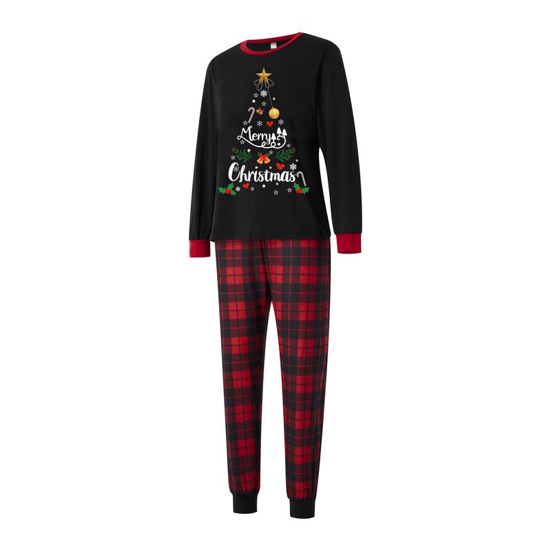 Family-sized Christmas pajamas with letter and snowflake print long-sleeved top and free plaid trousers