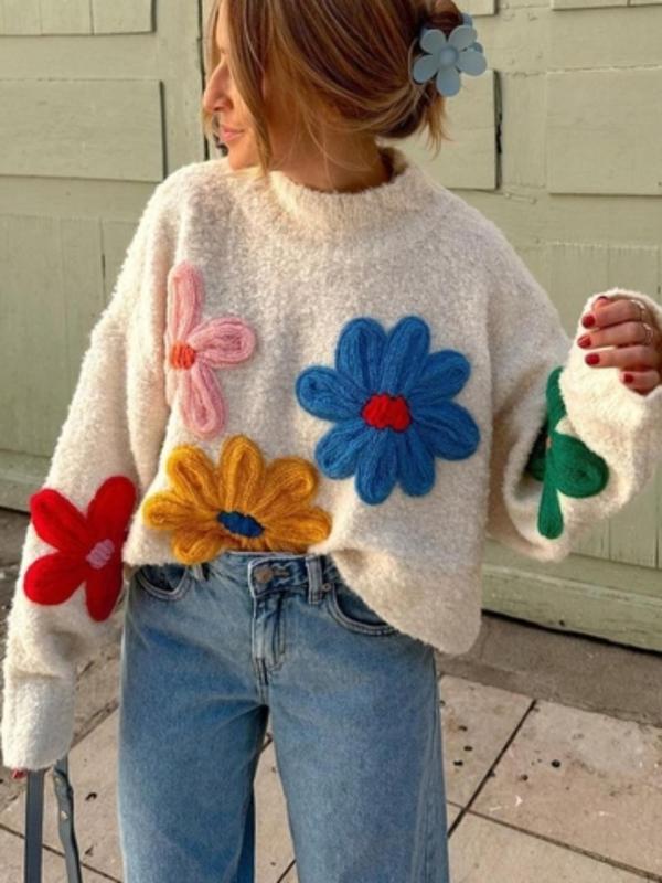 Plus Size Colorblock Floral Embroidered Drop Shoulder Sweater Pullover, Casual Long Sleeve Mock Neck Jumper for Fall & Winter, Women's Plus Clothing for Daily Wear