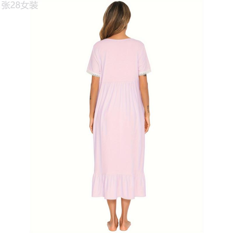 Lace Stitching Nightdress, Cute Square Neck Short Sleeve Ruffle Hem Dress, Women's Sleepwear & Dresses