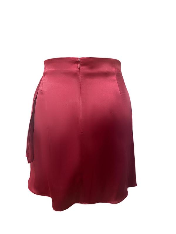 Women's Plain Ruched Wrap Satin Skirt, Elegant Asymmetrical Hem Zipper Back Short Skirt for Party Holiday Wedding Guest, Ladies Summer Clothes