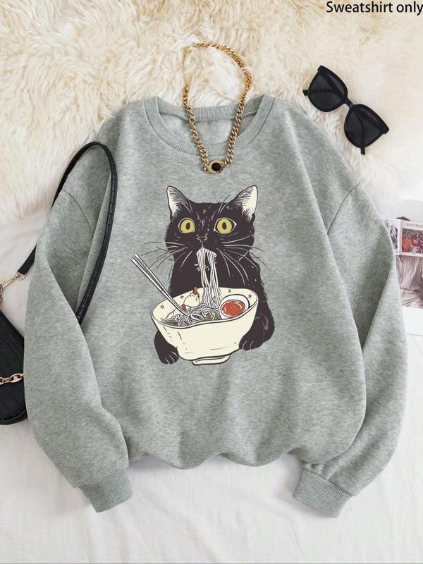 Women's Cartoon Cat Print Drop Shoulder Sweatshirt, Casual Long Sleeve Round Neck Pullover for Fall & Winter, Ladies Clothes for Daily Wear