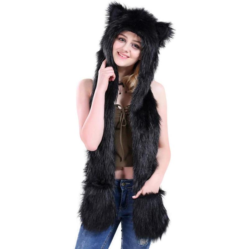 3 in 1 Fx Fur Animal Hood with Paws Fuzzy Novelty Wolf Hats Gloves Scarf Winter Cosplay Hoods Halloween Cosplay