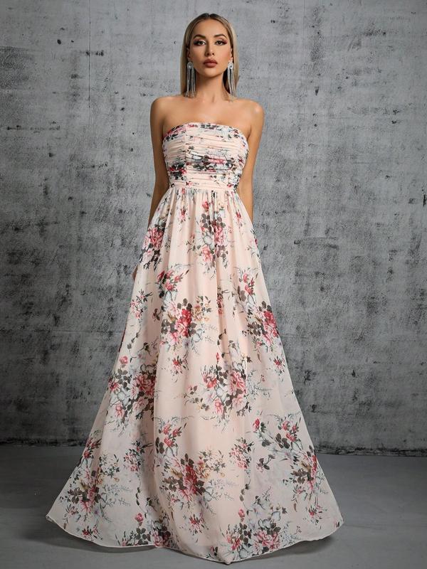 Women's Floral Print Ruched Backless Tube Bridesmaid Dress, Elegant Sleeveless Strapless Maxi Dress for Party Wedding Guest, Ladies Formal Clothes for All Seasons