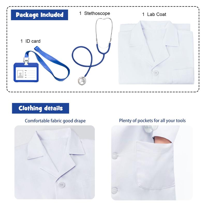 White Lab Coat, Doctor Coat with Stethoscope&ID Card,Doctor Scientist Dress Up Costume