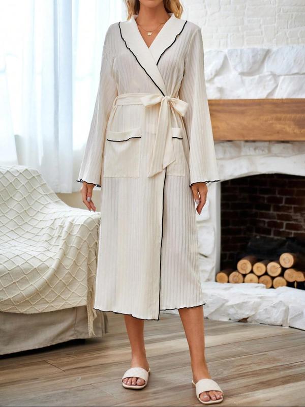 Women's Contrast Binding Lettuce Trim Pocket Belted Ribbed Bathrobe, Elegant Long Sleeve Shawl Collar Robe, Ladies Sleepwear for Spring & Fall