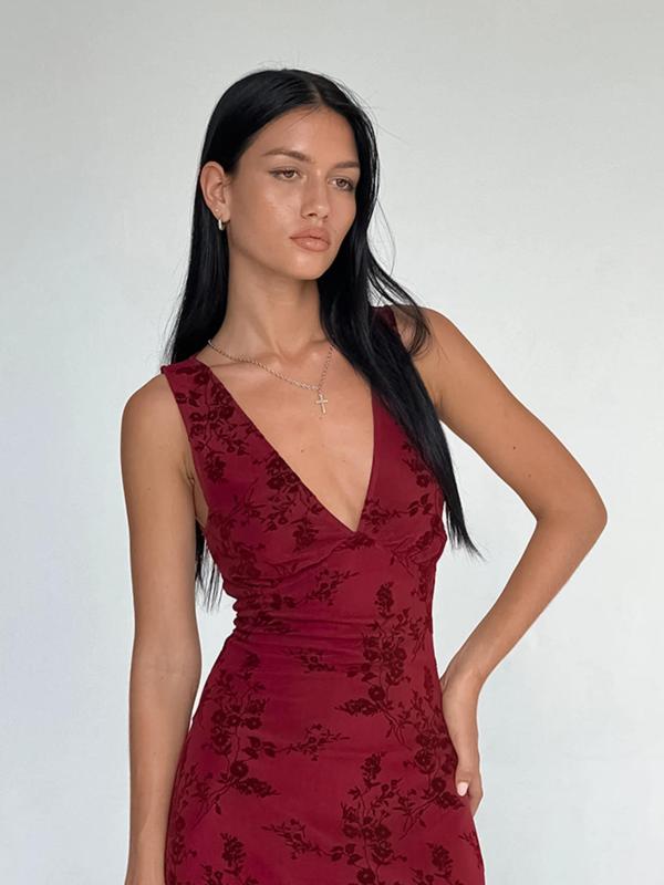 Women's Floral Print Deep V Neck A Line Vintage Dress, Elegant Sleeveless Bodycon Long Dress, Ladies Clothes for Party Holiday Wedding Guest, Dresses for Women, Capri Sun Dress, Birthday Dresses 2024 Womenswear