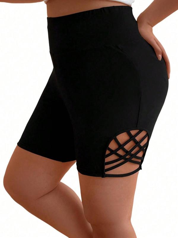 Plus Size Criss Cross Cut Out High Waist Shorts, Casual Comfy Breathable Skinny Shorts for Daily Wear, Women's Bottoms for Spring & Fall