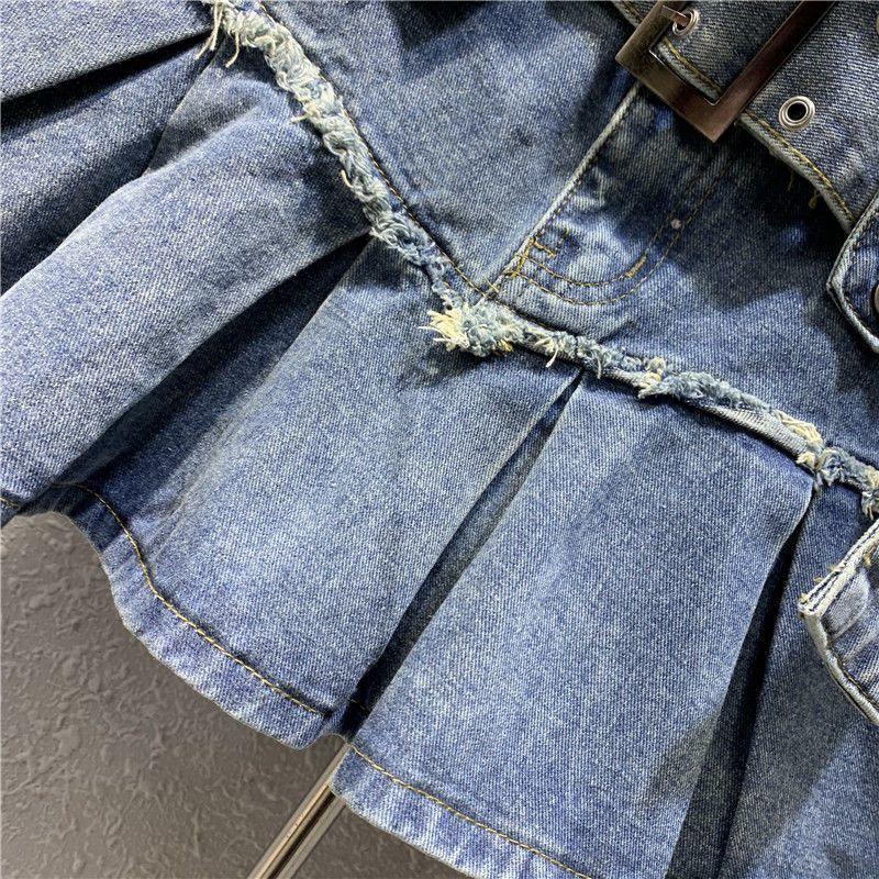 Women's Retro Light Blue Sweet and Spicy Pleated Denim Skirt New Plump Girls Slimming A- line Denim Miniskirt Womenswear Bottom