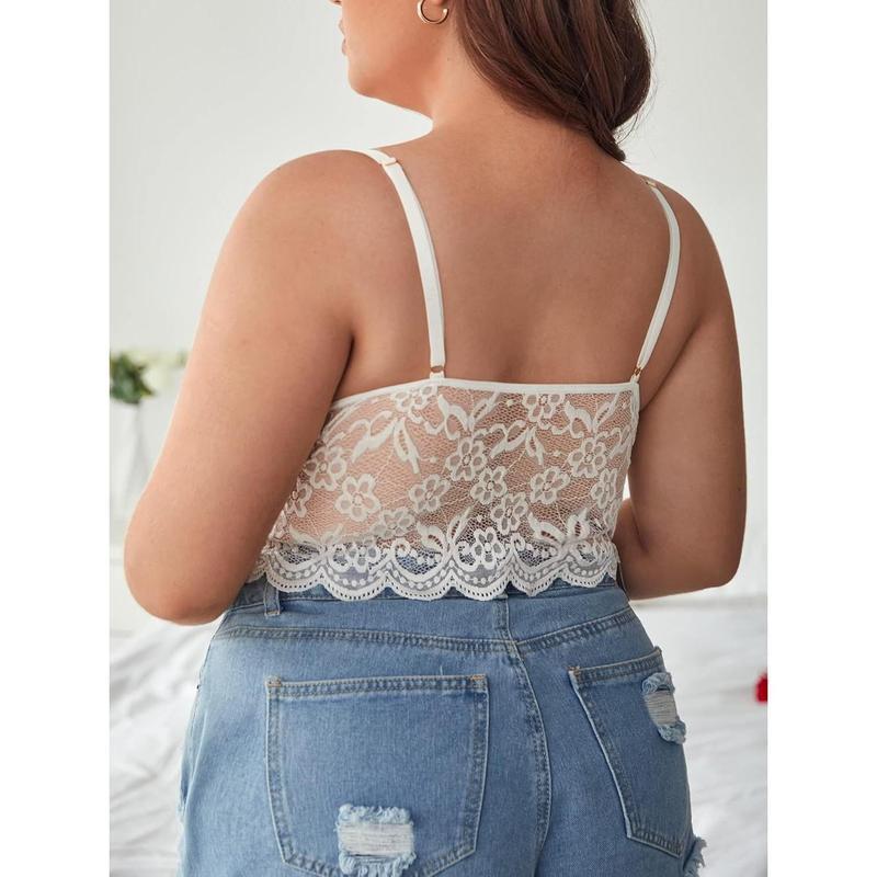 Plus Size Floral Lace Scalloped Trim Wireless Bra Adjustable Strap V Neck Everyday Bralette