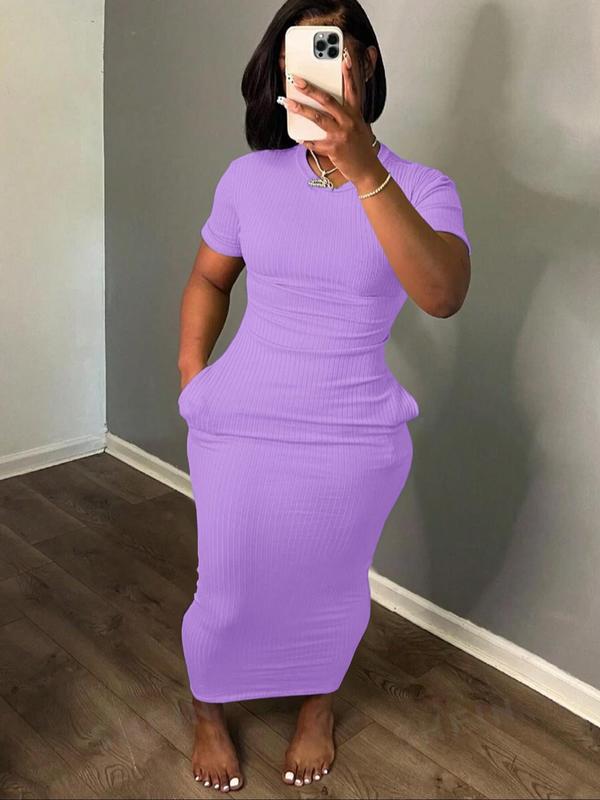  Plain Pocket Round Neck Bodycon Dress, Casual Short Sleeve Ribbed Long Dress for Summer, Back To School Outfits, Summer Clothes, Summer Dresses, Women's Clothing for Daily Wear Casual Wear