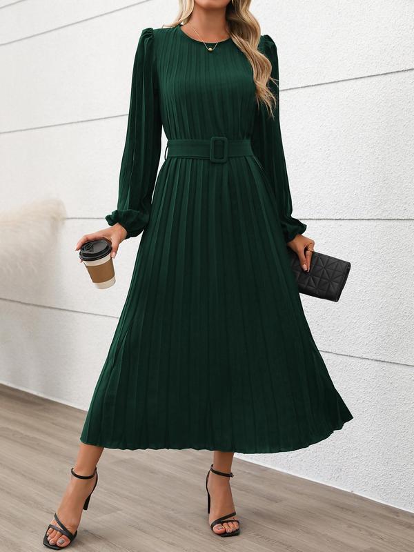 Women's Solid Belted Pleated A Line Dress, Elegant Bishop Sleeve Keyhole Neckline Long Dress for Party Holiday Wedding Guest, Ladies Fall & Winter Clothes