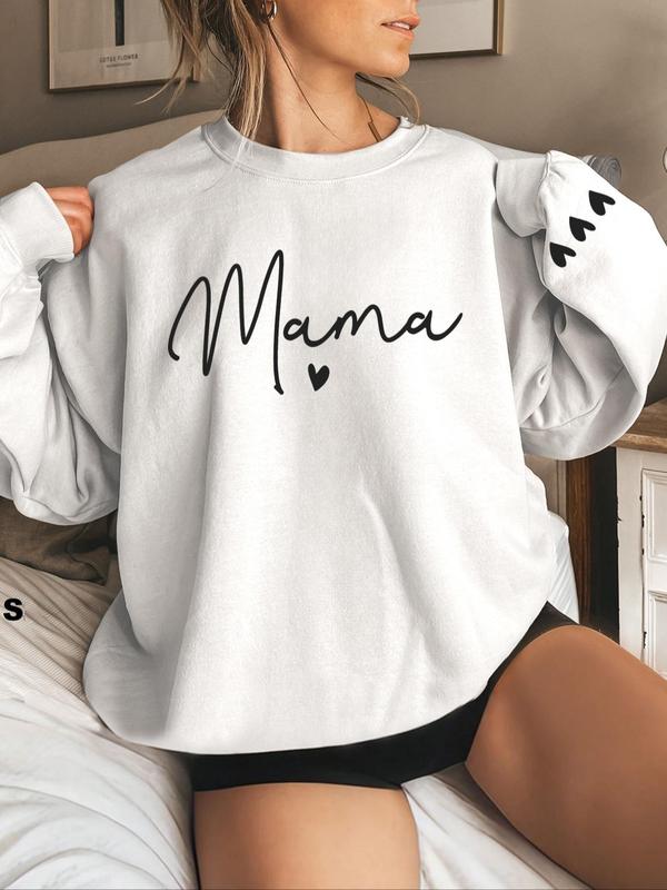 Women's Cartoon Mama Letter & Heart Print Pullover Sweatshirt, Casual Long Sleeve Crew Neck Pullover for Fall & Winter, Women's Clothes for Daily Wear