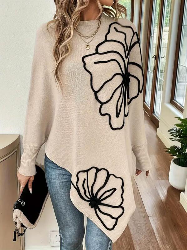 Women's Floral Pattern Asymmetrical Hem Batwing Sleeve Sweater, Casual Long Sleeve Round Neck Jumper for Fall & Winter, Fashion Ladies' Knitwear for Daily Wear