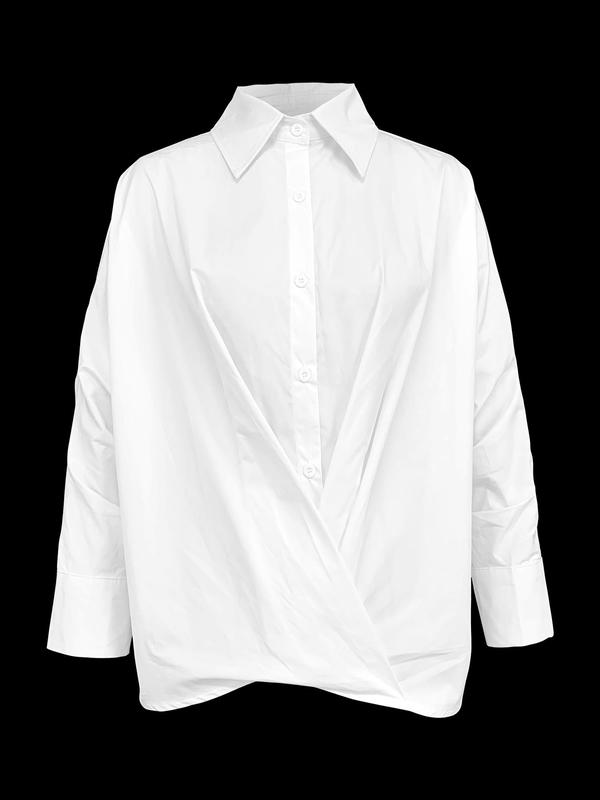 Women's Plain Batwing Sleeve Shirt, Casual Long Sleeve Collared Top for Spring & Fall, Ladies Clothes for Daily Wear