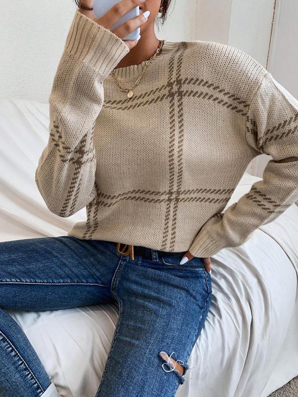 Women's Plaid Print Drop Shoulder Sweater, Casual Long Sleeve Round Neck Jumper for Fall & Winter, Fashion Ladies' Knitwear for Daily Wear Downtown Girl Clothes