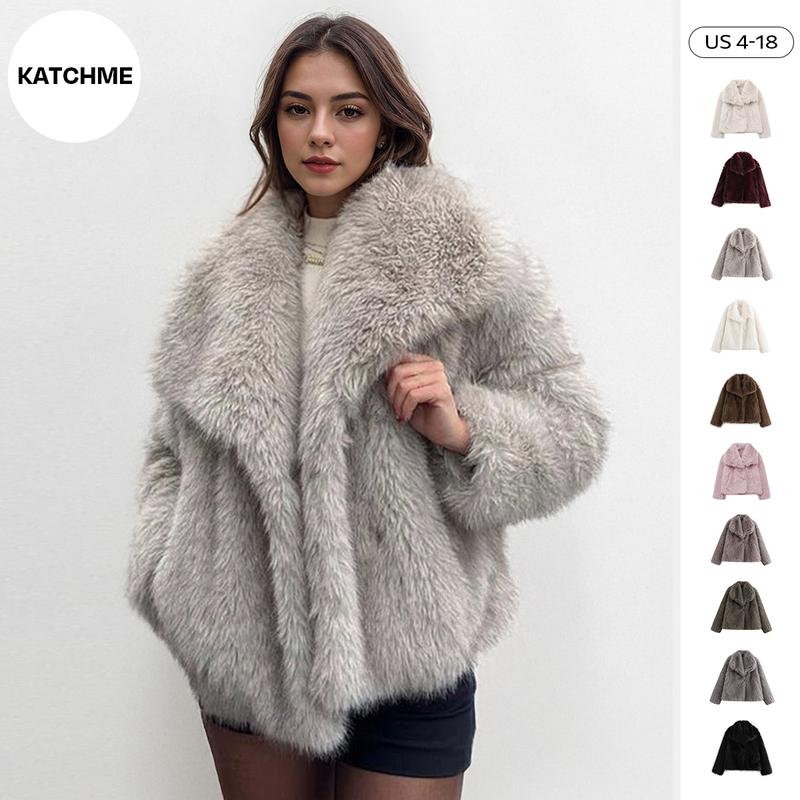 KatchMe Women's Elegant Solid Color Wide Lapel Snap Closure Fuzzy Thermal Outerwear, Fall & Winter Womens Outerwear, Holiday Outfit