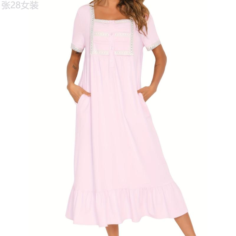 Lace Stitching Nightdress, Cute Square Neck Short Sleeve Ruffle Hem Dress, Women's Sleepwear & Dresses