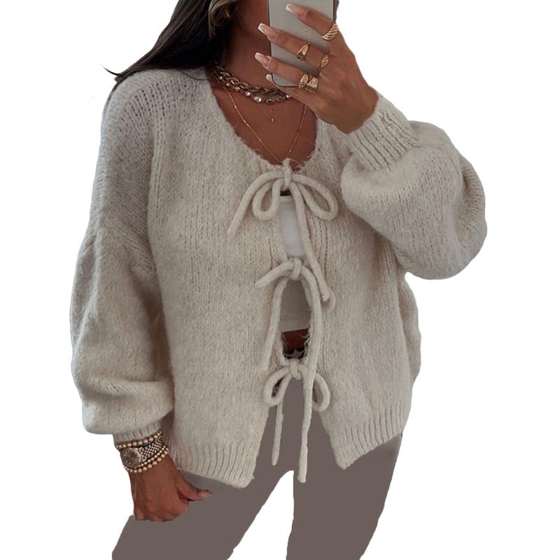 Women's Fall Tie Front Sweater Solid Color V-Neck Long Sleeve Loose Knitwear Cardigan Womenswear Polyester