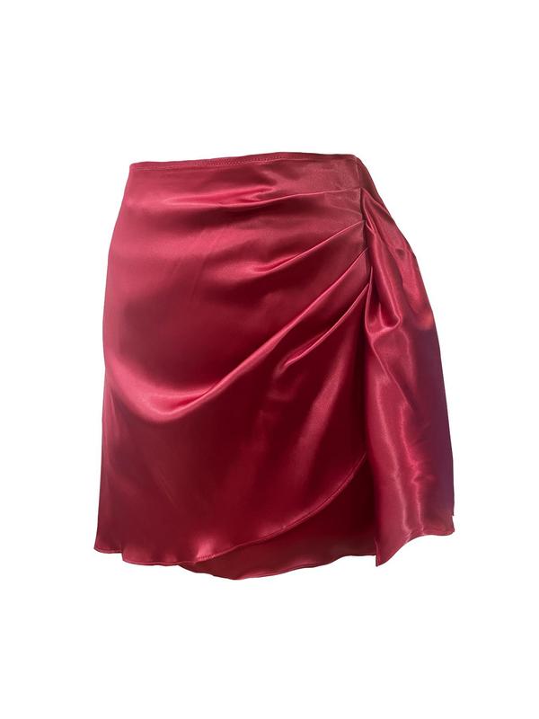 Women's Plain Ruched Wrap Satin Skirt, Elegant Asymmetrical Hem Zipper Back Short Skirt for Party Holiday Wedding Guest, Ladies Summer Clothes