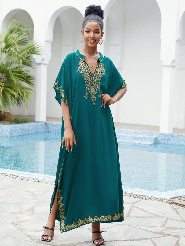 Arabic Clothing- Contrast Binding Notched Side Split Arabian Dress, Casual Embroidery Batwing Sleeve Kaftan, Summer Outfits 2024, Summer Clothes