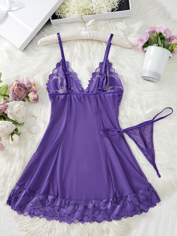 Women's Contrast Lace Cami Nightdress & Thong Sexy Sleepwear Two-Piece Set, Comfy Spaghetti Strap Nighty Dress & Panty Set, Ladies Sleepwear for All Seasons