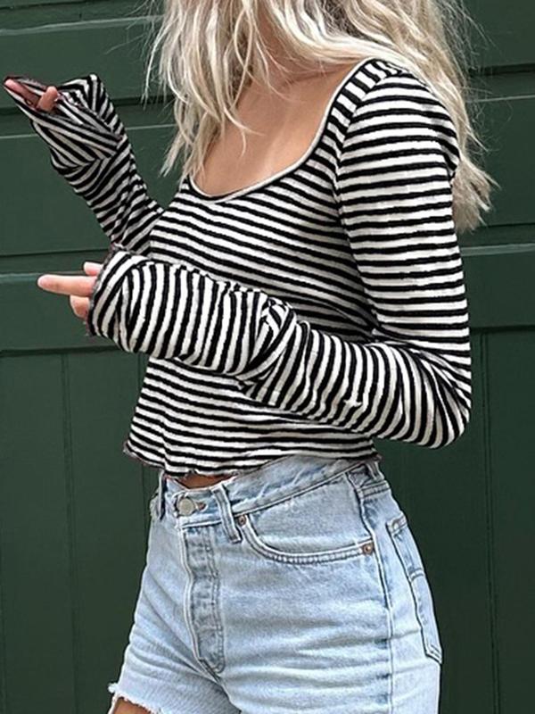 Women's Striped Print Scoop Neck Crop Tee, Casual Long Sleeve T-shirt for Daily Wear, Ladies Clothes for Spring & Fall, Downtown Girl Clothes