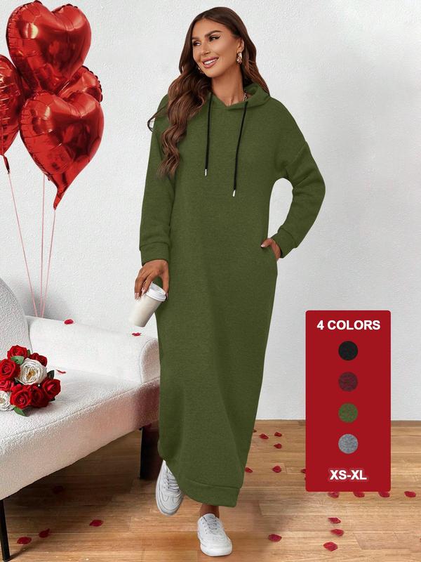 Women's Plain Drawstring Hooded Sweatshirt Dress, Casual Pocket Drop Shoulder Long Sleeve Dress, Women's Fall & Winter Clothes for Daily Wear, Comfortable Sweatshirts for Women Womenswear