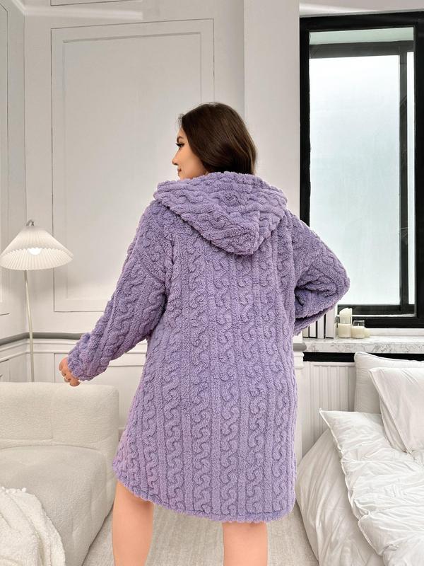  Solid Textured Drop Shoulder Flannel Lounge Robe, Casual Long Sleeve Pocket Hooded Dressing Gown, Women's Sleepwear for Fall & Winter