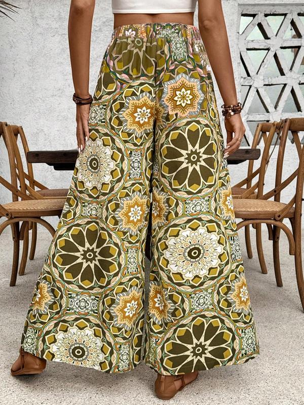 Women's Ethnic Pattern High Waist Wide Leg Vintage Pants, Summer Outfits, Lady Boho Casual Comfort Elastic Waist Wideleg Trousers for Daily Wear, Ladies Bottoms for Spring & Fall, Womenswear