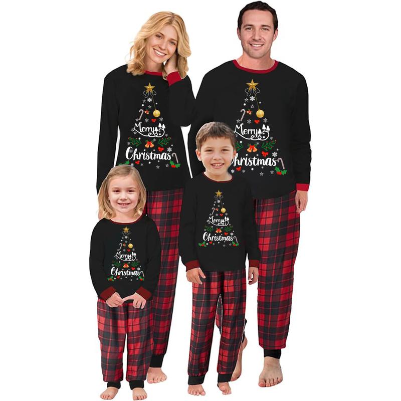 Family-sized Christmas pajamas with letter and snowflake print long-sleeved top and free plaid trousers