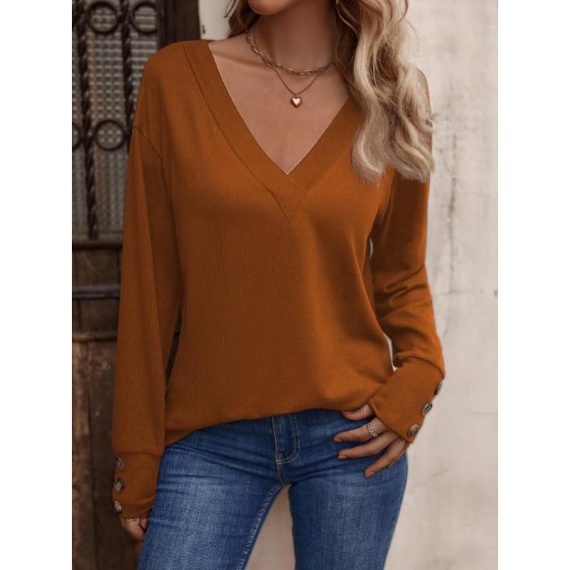 Women's Autumn and Winter New Solid Color and V-neck Loose Long-Sleeved T-shirt Button Top