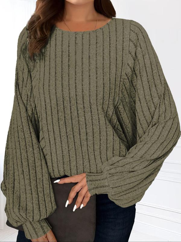  Solid Ribbed Batwing Sleeve Pullover Sweatshirt, Casual Long Sleeve Round Neck Pullover for Spring & Fall, Women's Clothing for Daily Wear