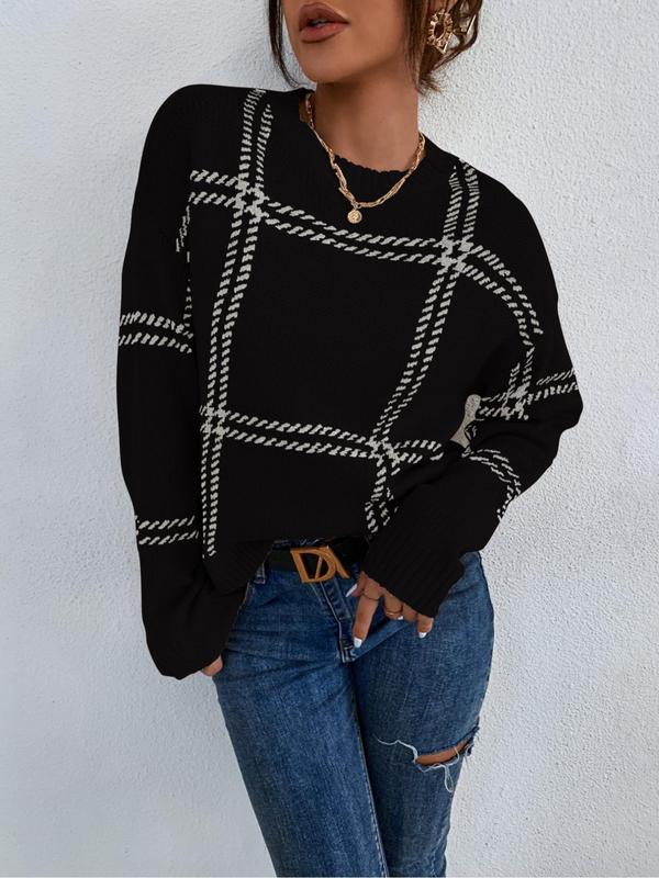 Women's Plaid Print Drop Shoulder Sweater, Casual Long Sleeve Round Neck Jumper for Fall & Winter, Fashion Ladies' Knitwear for Daily Wear Downtown Girl Clothes