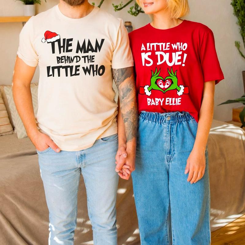 Personalized A Little Who Is Due Couple Sweatshirt, Mommy To Be Shirt, New Dad Shirt, Christmas Pregnancy Reveal Sweatshirt, Christmas Holiday Maternity Sweatshirt, Christmas Pregnant Shirt, Baby Reveal Xmas Party Shirt