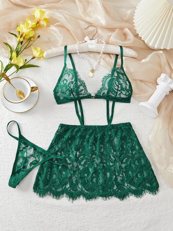 Women's Plain Ring Linked Fringe Trim Cami Lace Slip Dress & Thong Set, Lady Casual Comfort 2 Piece Set Solid Color Sleeveless Sheer Lingerie & Panty Set, Women's Lingerie & Underwear for All Seasons, Womenswear Panties,  2000s Wear