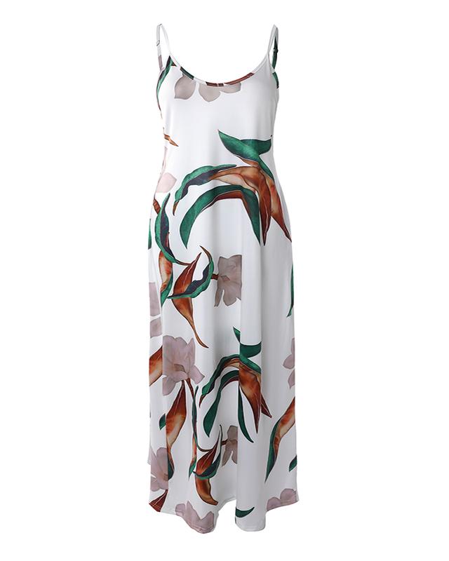 Chicme Plus Size Tropical Print Pocket Design Maxi Dress Casual Fit Sleeve Spaghetti