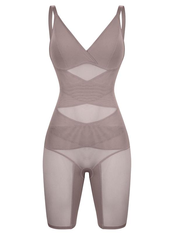 Womenswear Contrast Mesh Seamless Shapewear Bodysuit, Basic Minimalist Casual Solid Color Spaghetti Strap Shaper, Tummy Control Corset, Ladies Shapewear Clothing