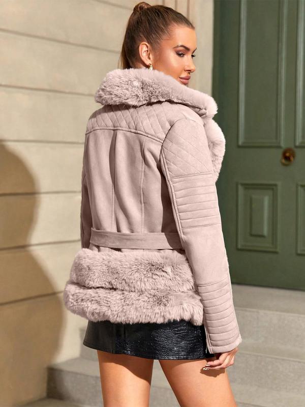 Women's Solid Belted Contrast Faux Fur Coat, Casual Long Sleeve Zip Up Outerwear for Fall & Winter,  Winter Clothes Women, Ladies Clothes for Daily Wear