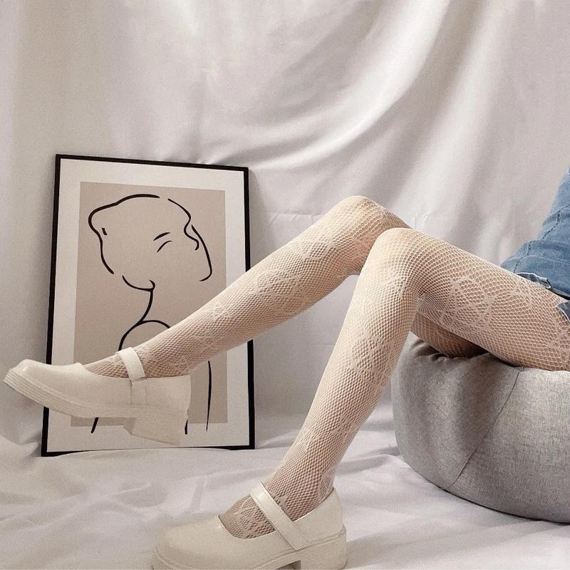 Classic Lolita Lace Mesh Tights - Retro Floral Print, High-Legged for Daily or Cosplay Womenswear Comfort