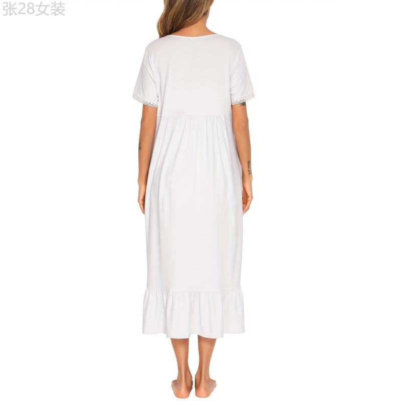 Lace Stitching Nightdress, Cute Square Neck Short Sleeve Ruffle Hem Dress, Women's Sleepwear & Dresses