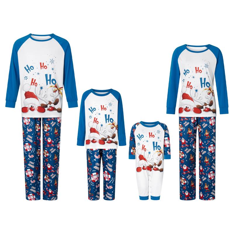 Christmas Family Pajamas Matching Set, Santa Claus Deer Print Long Sleeve T-shirt with Pants Sleepwear Loungewear