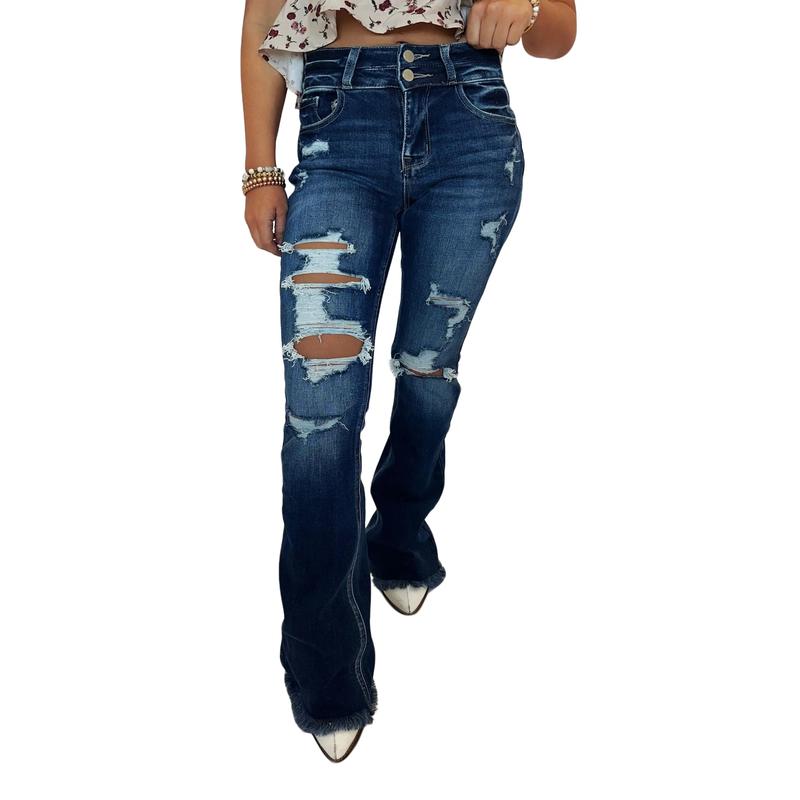 DARK WASH Route 507 Milestone Distressed Denim Flare Jeans Bottom