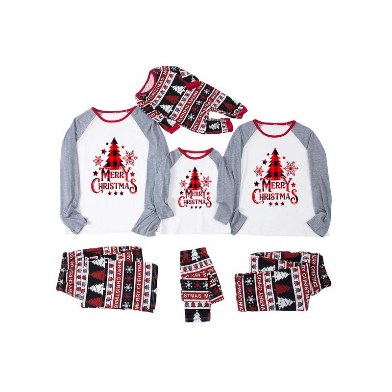 Matching Christmas Pajamas For Family Christmas Tree Letters Print Long Sleeve Tops and Stretch Casual Pants Sleepwear