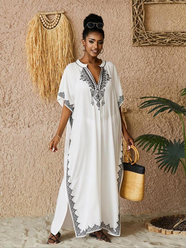 Arabic Clothing- Contrast Binding Notched Side Split Arabian Dress, Casual Embroidery Batwing Sleeve Kaftan, Summer Outfits 2024, Summer Clothes