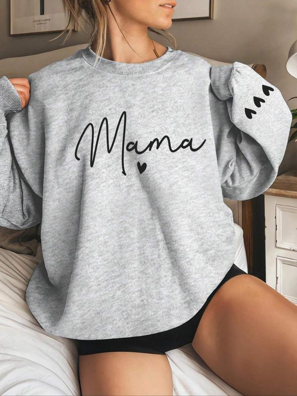 Women's Cartoon Mama Letter & Heart Print Pullover Sweatshirt, Casual Long Sleeve Crew Neck Pullover for Fall & Winter, Women's Clothes for Daily Wear