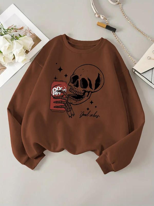 Women's Skull Print Drop Shoulder Sweatshirt, Halloween Downtown Girl Outfit, Casual Long Sleeve Round Neck Pullover for Fall & Winter, Ladies Clothes for Daily Wear, Spirit Halloween 2024