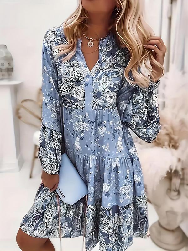 Women's Ditsy Floral Print Patchwork Tiered Layer Vintage Smock Dress, Boho Flounce Sleeve Short Dress for Daily Wear, Ladies Dress for Spring & Fall