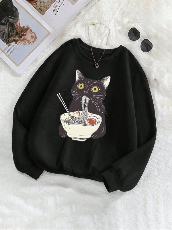 Women's Cartoon Cat Print Drop Shoulder Sweatshirt, Casual Long Sleeve Round Neck Pullover for Fall & Winter, Ladies Clothes for Daily Wear